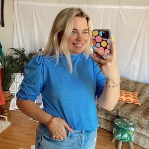 Zara blue orange polka dot high neck blouse